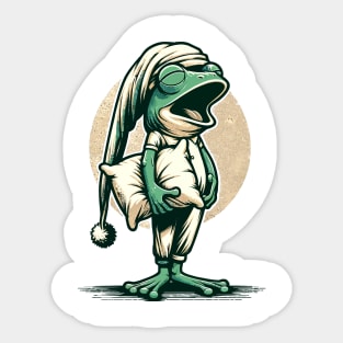 Sleepy frog wearing a nightcap, holding a pillow Sticker